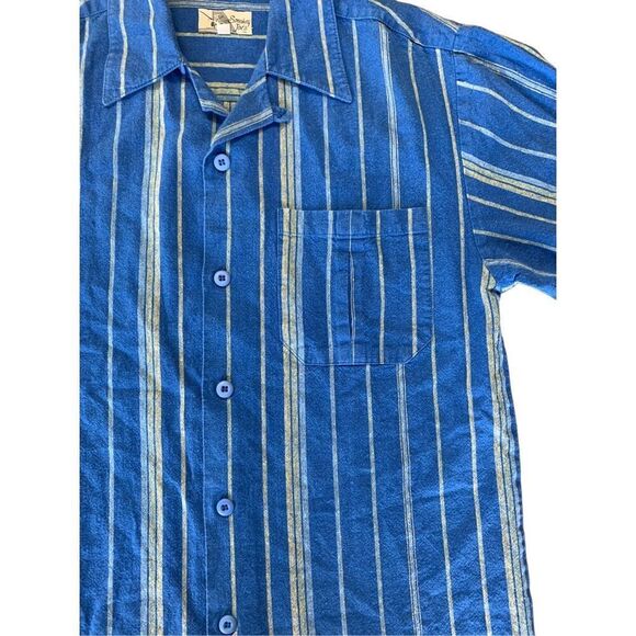 Smokey Joe’s Linen Blend Blue Yellow Stripes Button Down Medium 80s - Picture 4 of 11